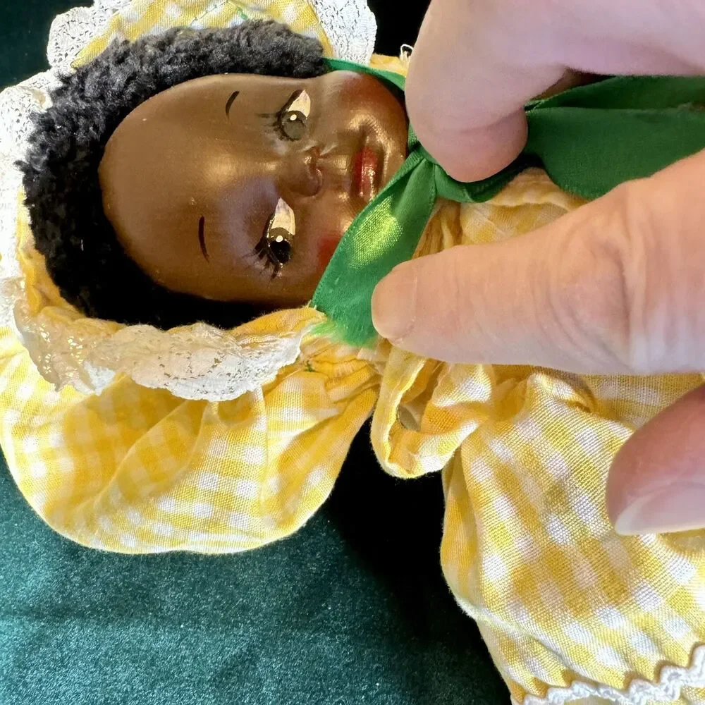 Vintage Handmade African American Doll Folk Art Decor Gingham Yellow Dress